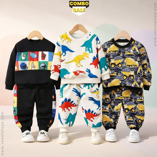 Venutaloza Stylish Baby Set Dinosaur Animal & Truck Fleece &  Round Neck Cartoon (Combo Pack Of 3) T-Shirt & Pants.