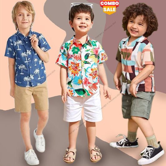 Venutaloza Floral & Tree Cocount and Multicolor Designer Button Front (Combo Pack Of 3) Shirt For Boy.