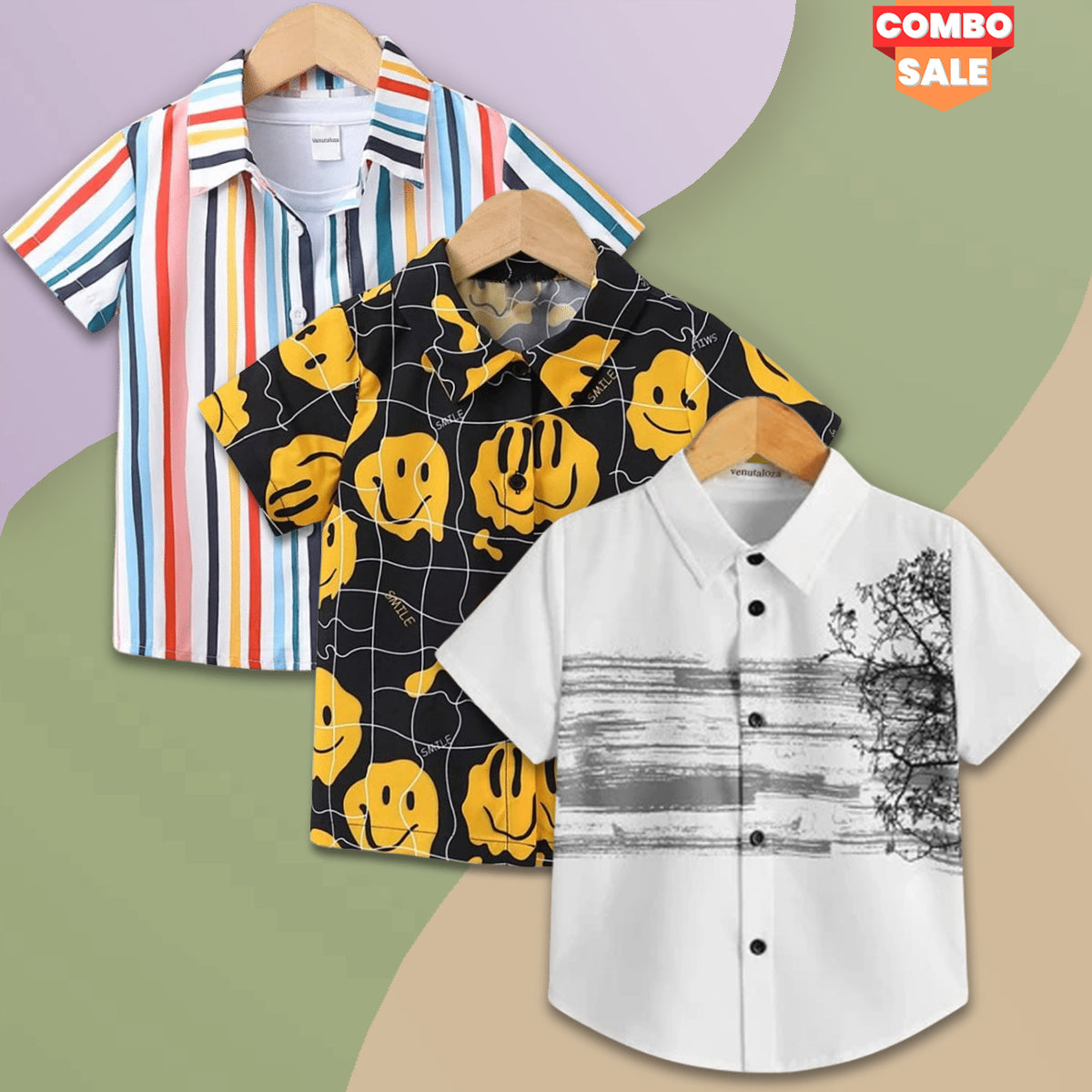 Venutaloza Boy's London City & Coconut Tree and Fruits Designer Button Front (Combo Pack Of 3) Shirt For Boy.