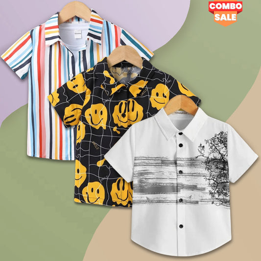 Venutaloza Boy's London City & Coconut Tree and Fruits Designer Button Front (Combo Pack Of 3) Shirt For Boy.