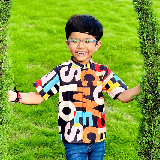 Venutaloza Letters Designer Print Button Front Shirt For Boy.