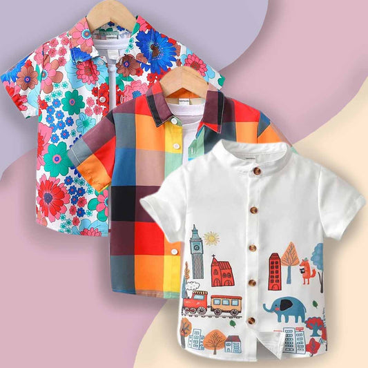 Venutaloza Boy's London City & Floral and Plaid Patched Pocket Designer Button Front (Combo Pack Of 3) Shirt For Boy.