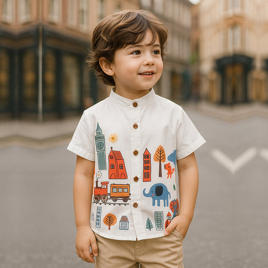 Venutaloza White London Border Print Short Sleeve Shirt For Boys.