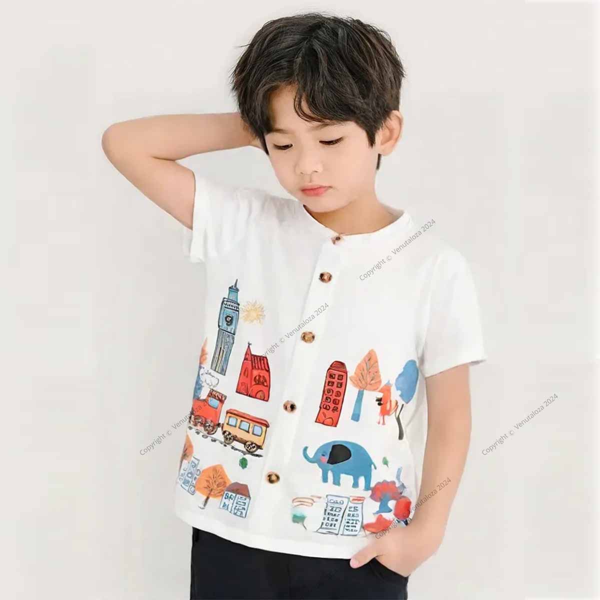 White London Border Print Short Sleeve Shirt For Boy.