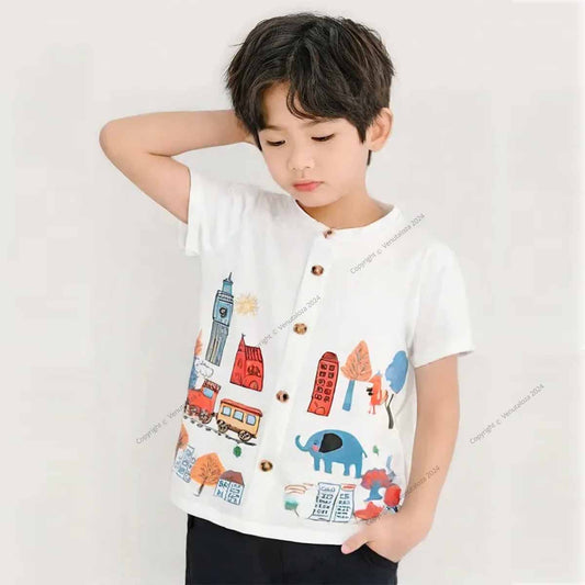 Venutaloza White London Border Print Short Sleeve Shirt For Boy.