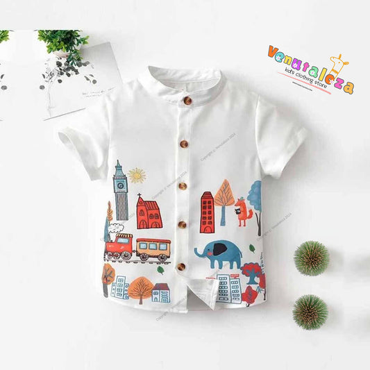 Venutaloza White London Border Print Short Sleeve Shirt For Boy.