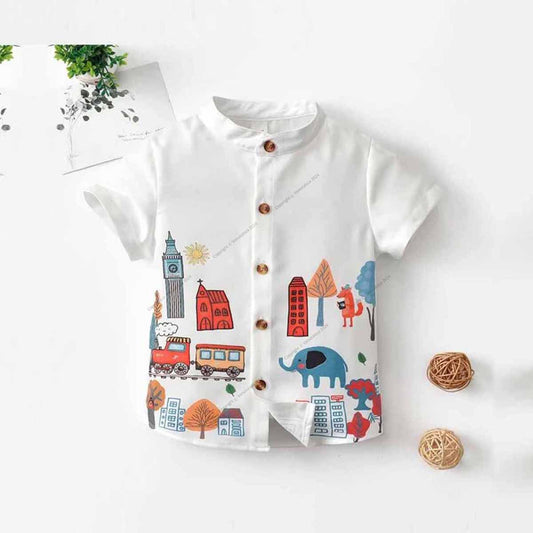 Venutaloza White London Border Print Short Sleeve Shirt For Boy.