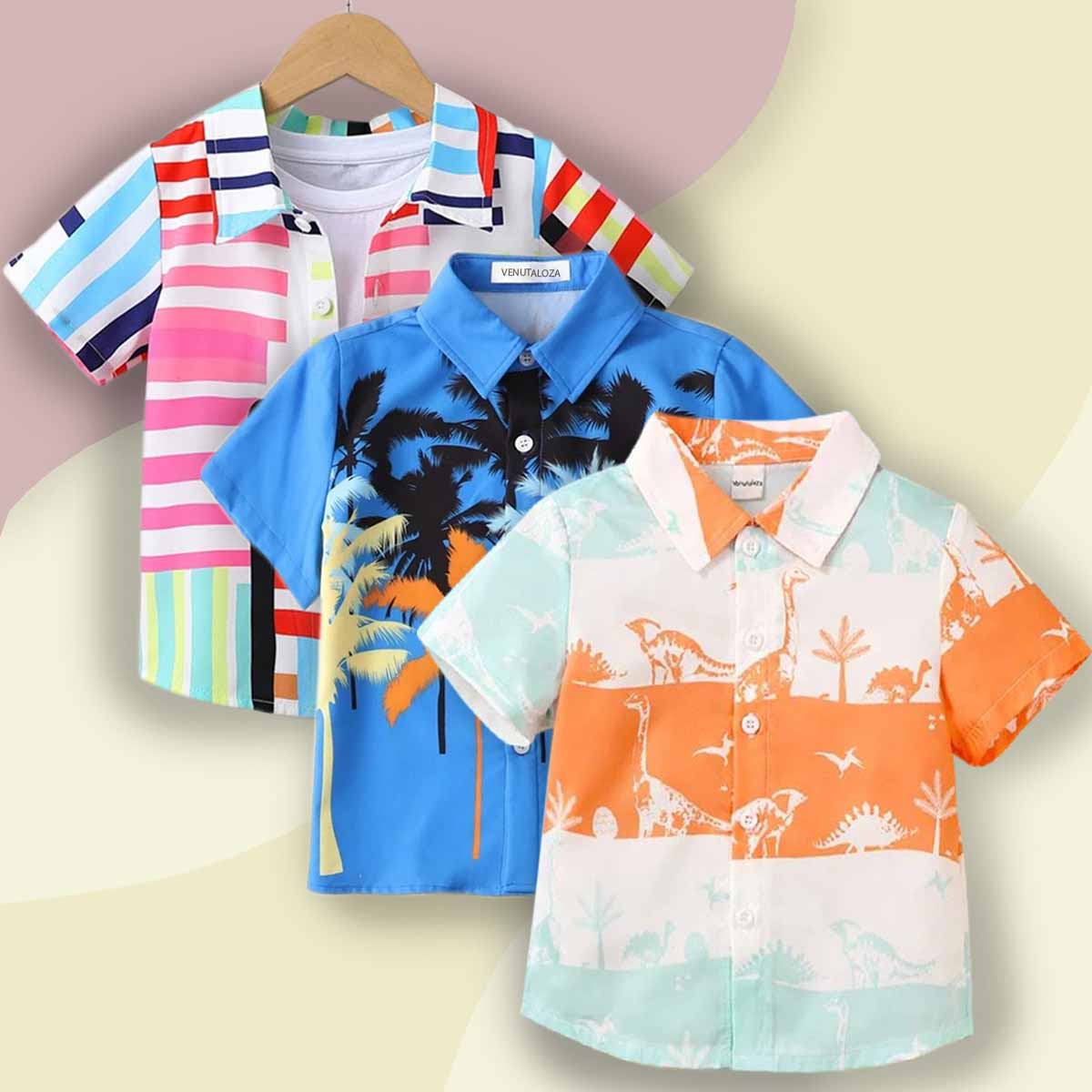 Venutaloza Boy's Tropical & Dinosaur Animal and Sunshine Vertical Pocket Designer Button Front (Combo Pack Of 3) Shirt For Boy.