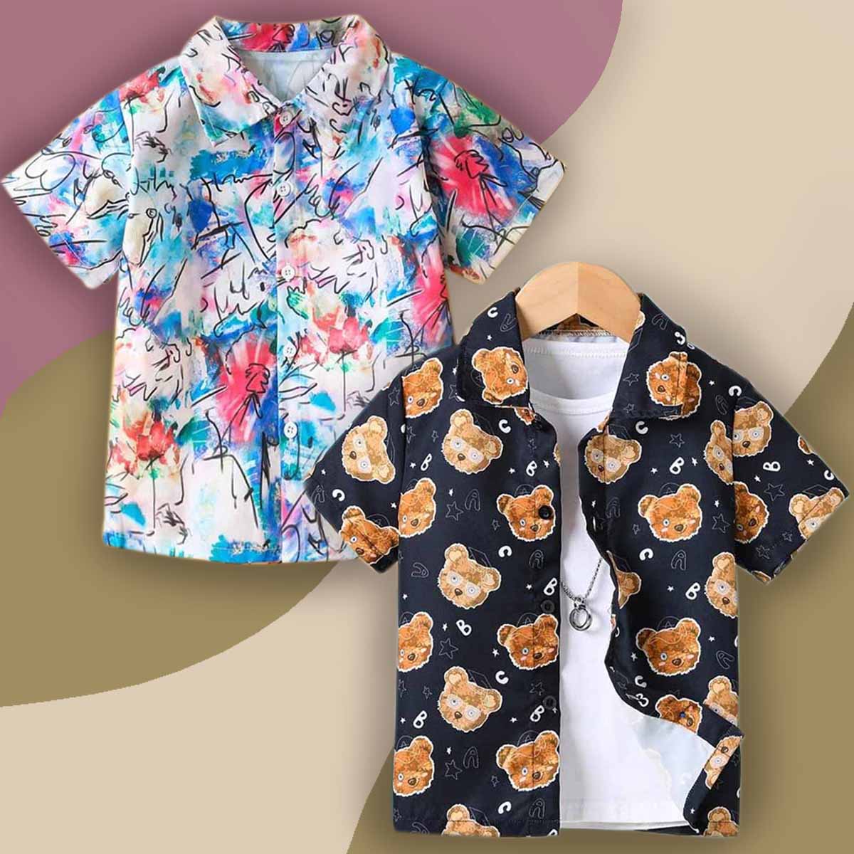 Venutaloza Boy's Stylish Evryday Bear & Rainbow Graphic Designer Button Front Shirt (Combo Pack Of 2) For Boy.