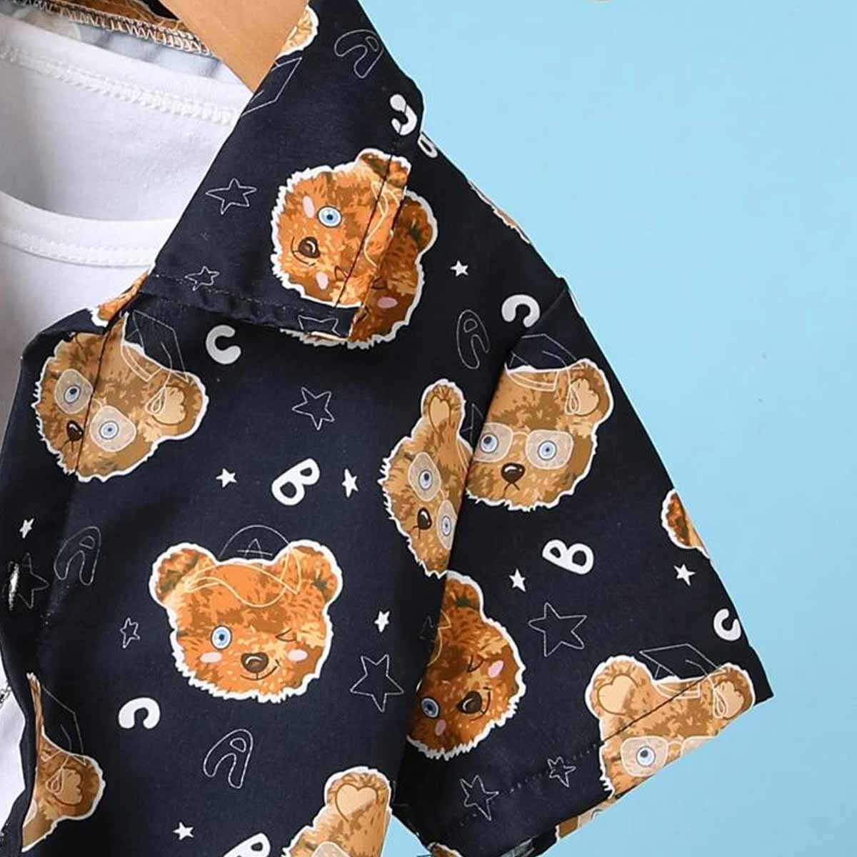 Venutaloza Bear Designer Print Button Front Shirt For Boys.