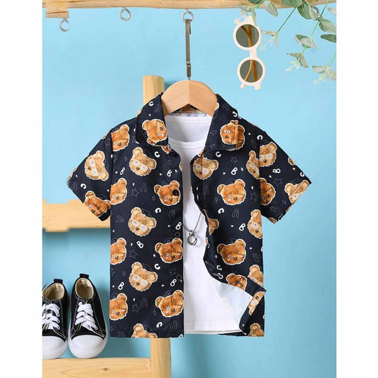 Venutaloza Bear Designer Print Button Front Shirt For Boys.