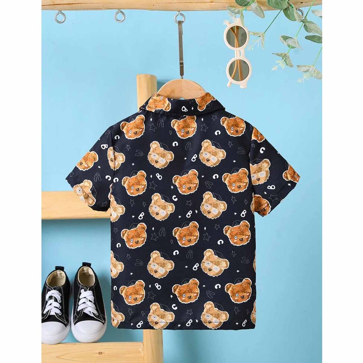 Venutaloza Bear Designer Print Button Front Shirt For Boy.