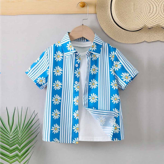 Venutaloza Boys Daisy And Striped Designer Print Button Front Shirt For Boy.
