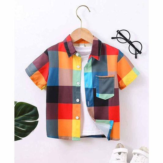 Venutaloza Plaid Patched Pocket Designer Print Button Front Shirt For Boy.