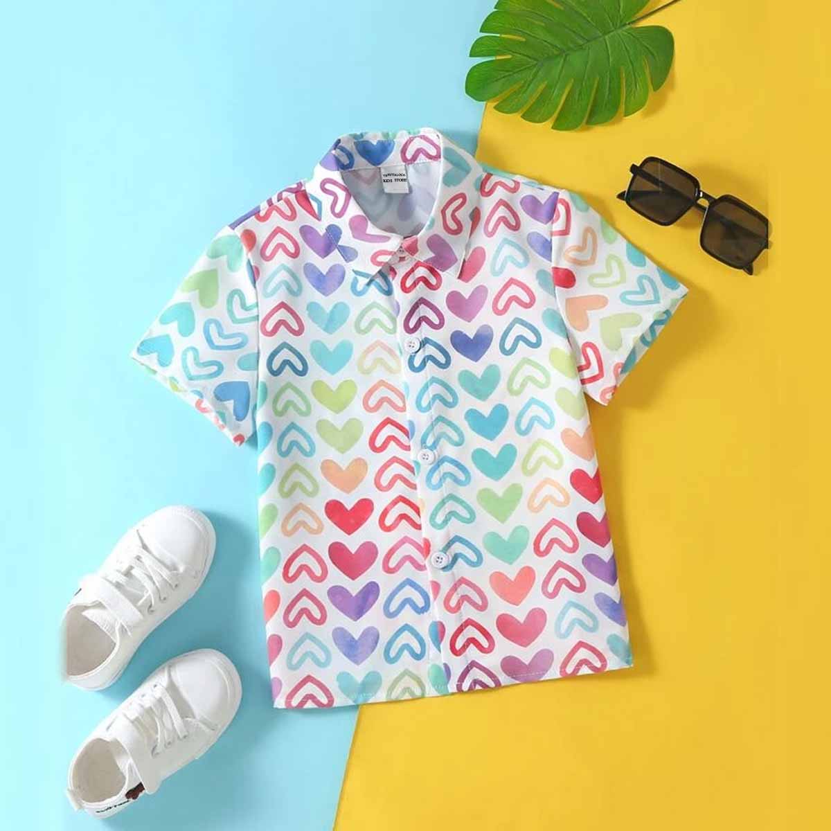 Venutaloza Multicolour Heart's & Graphic Colorblock Designer Button Front Shirt For Boy.