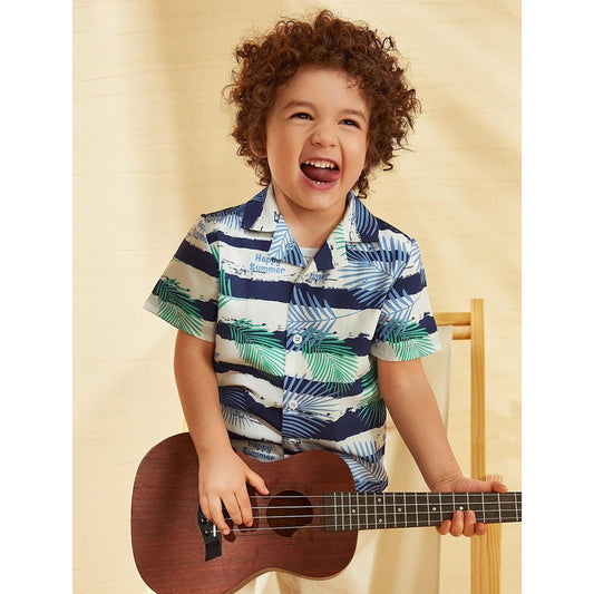 Venutaloza Boy's Striped & Tropicals Border Print Short Sleeve Shirt For Boy.