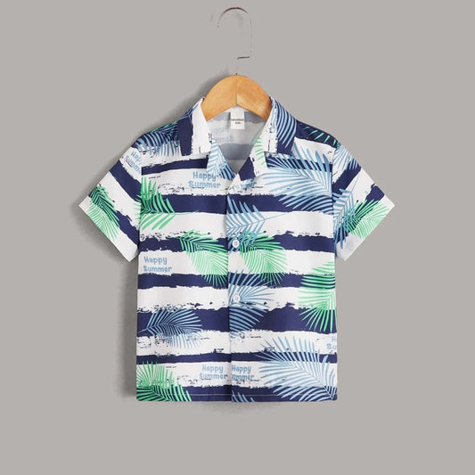 Venutaloza Boy's Striped & Tropicals Border Print Short Sleeve Shirt For Boy.