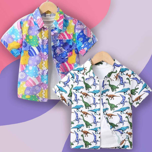 Venutaloza Dinosaur & 3D Multicolor print Graphic Designer Button Front Shirt (Combo Pack Of 2) For Boy.