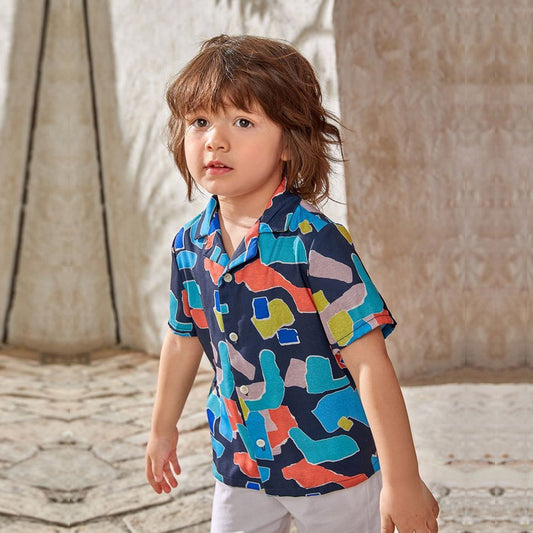 Venutaloza Boy's Abstract Border Print Short Sleeve Shirt For Boy.