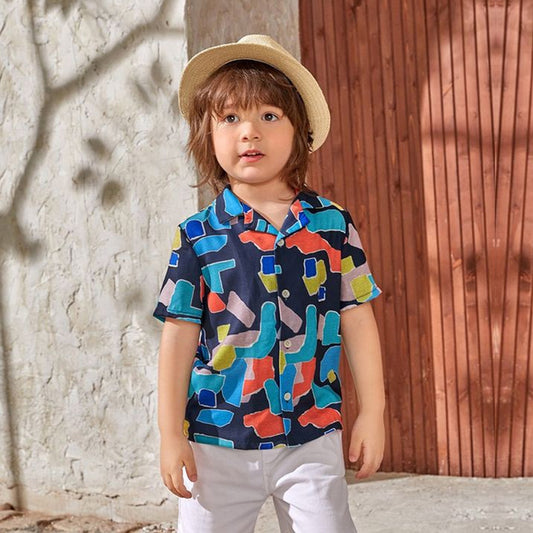 Venutaloza Boy's Abstract Border Print Short Sleeve Shirt For Boy.