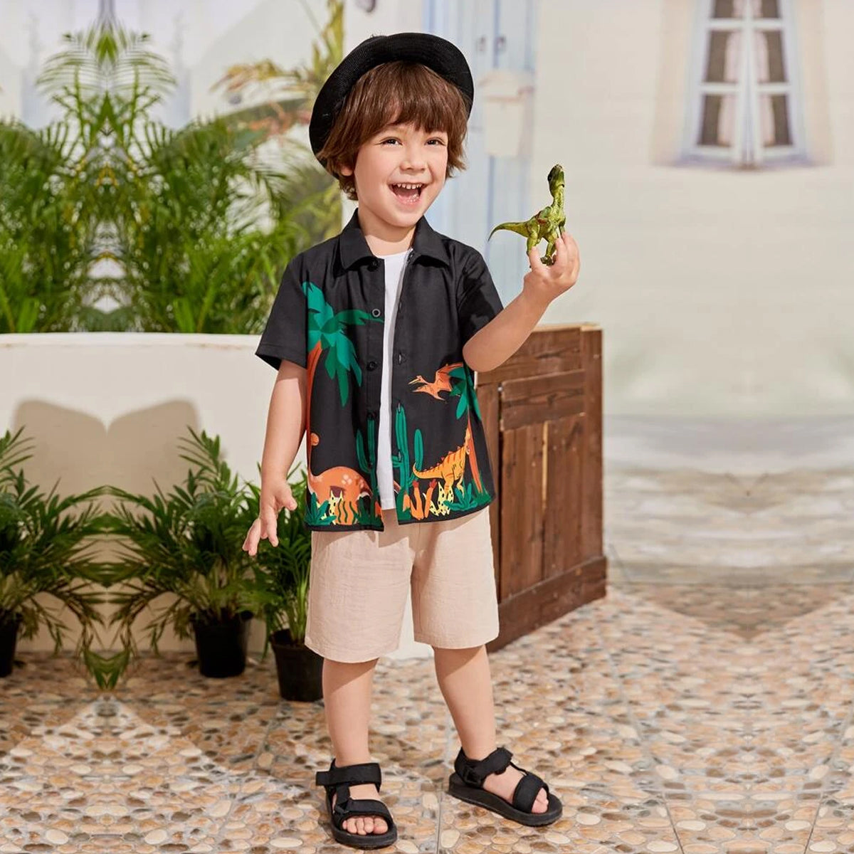 Venutaloza Dinosaur Black Print Short Sleeve Shirt For Boy.