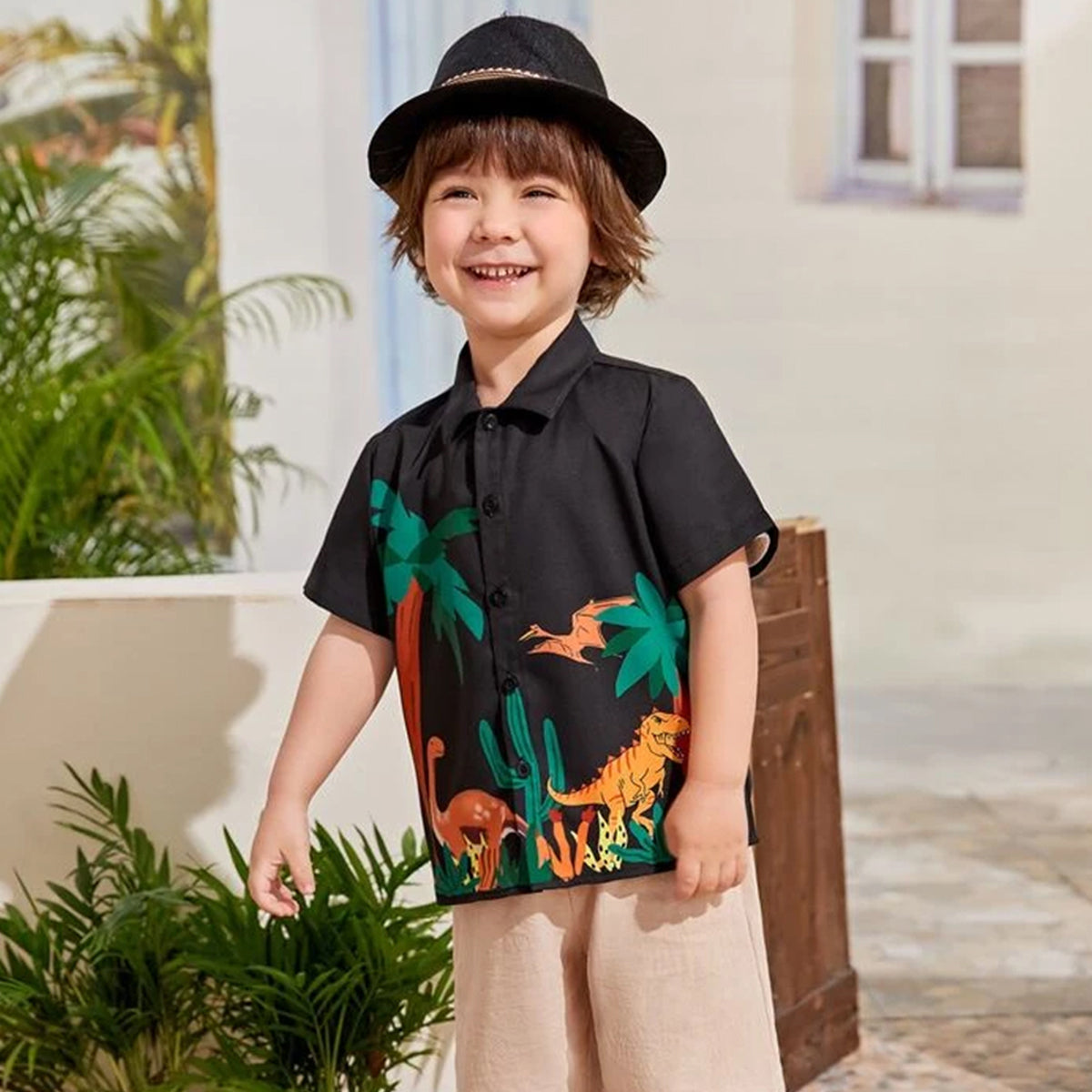 Venutaloza Dinosaur Black Print Short Sleeve Shirt For Boy.