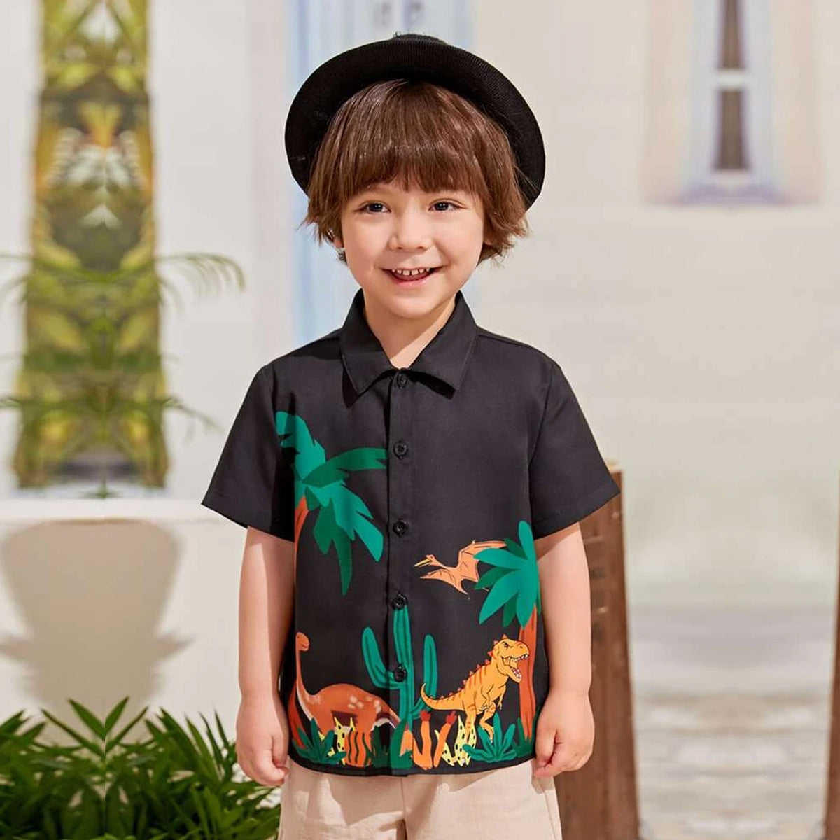 Venutaloza Dinosaur Black Print Short Sleeve Shirt For Boy.