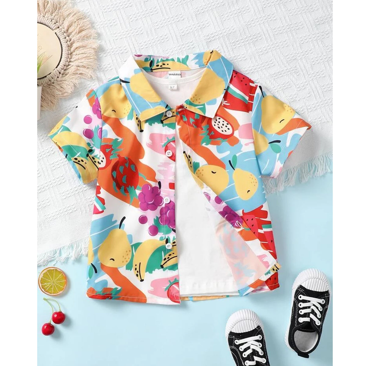 Venutaloza Boy's London City & Coconut Tree and Fruits Designer Button Front (Combo Pack Of 3) Shirt For Boy.