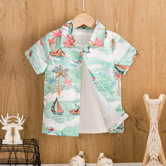Venutaloza Boy's Sailboat Tree Designer Button Front Shirt For Boy.