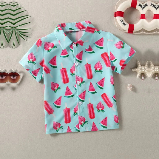 VENUTALOZA Toddler Strawberry And Watermelon print Graphic & Button Front Shirt For Unisex.