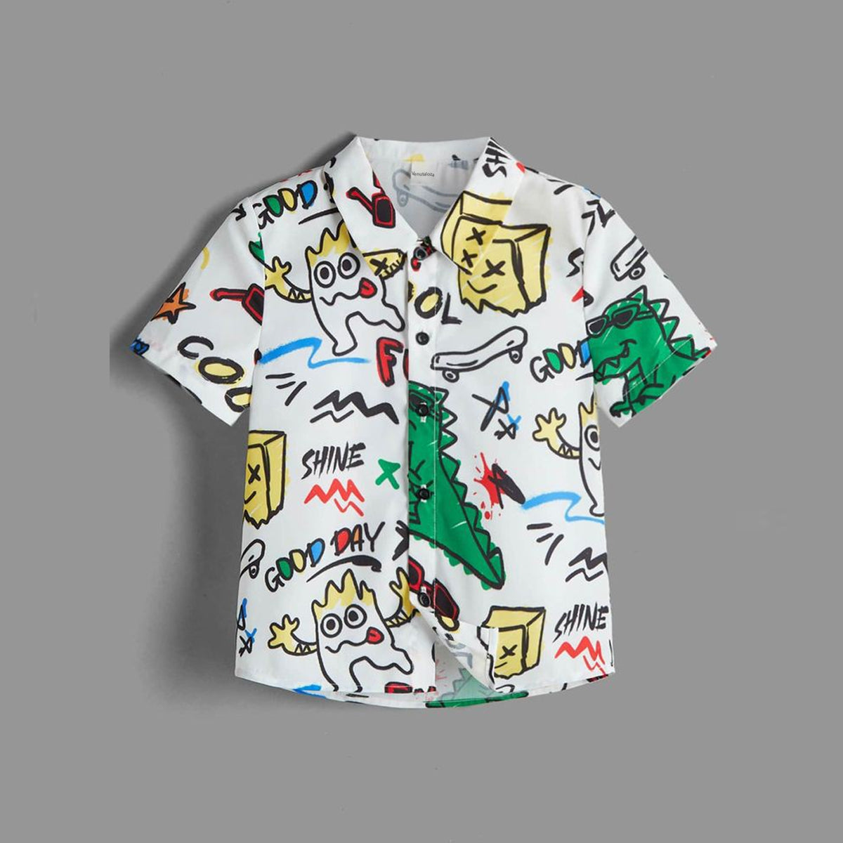 Venutaloza Toddler Boys Cartoon & letters Designer Print Button Front Shirt For Boys.