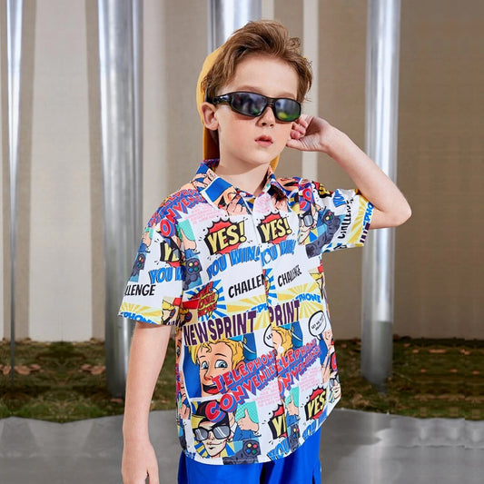 VENUTALOZA Toddler Boys Pop Art print Graphic & Button Front Shirt For Boy.