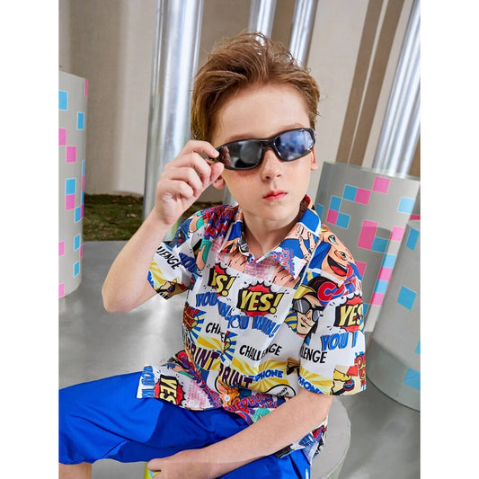 VENUTALOZA Toddler Boys Pop Art print Graphic & Button Front Shirt For Boy.