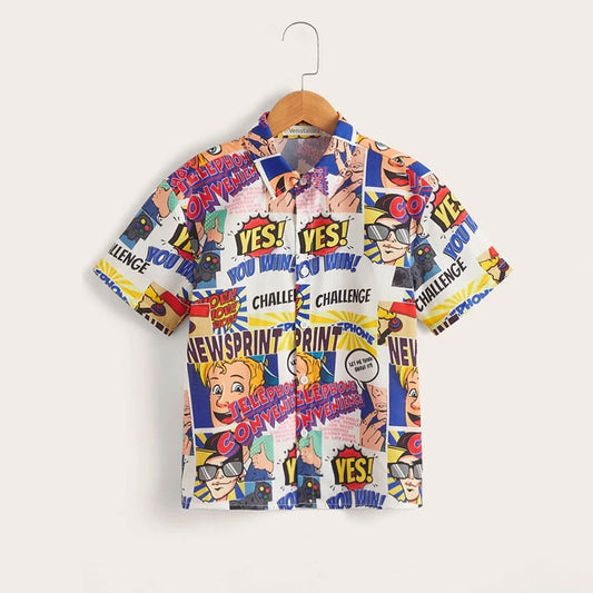 Venutaloza Toddler Boys Pop Art Letters print Graphic & Button Front Shirt For Boy.