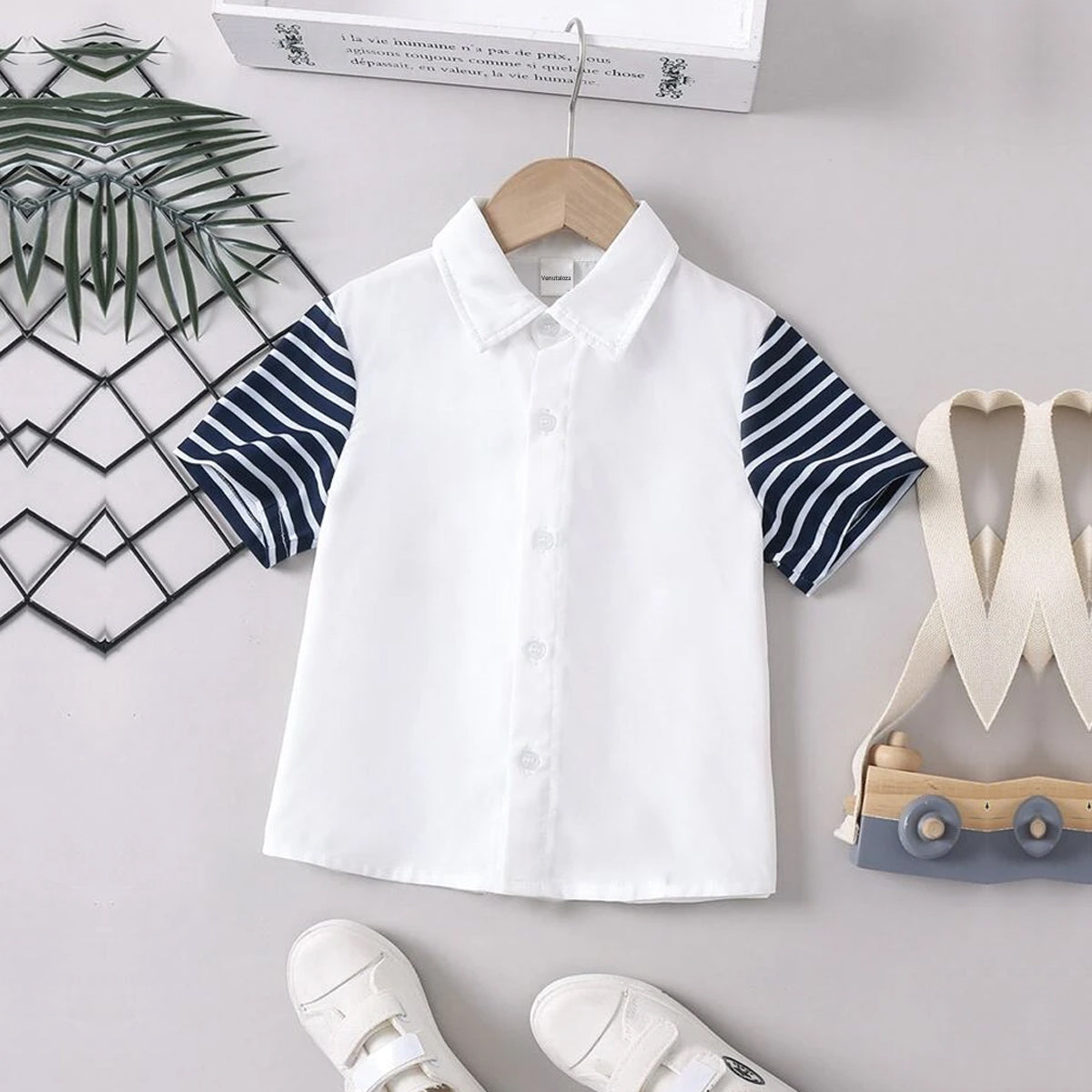 Venutaloza Toddler Boys White Striped Designer Print Button Front Shirt For Boys.
