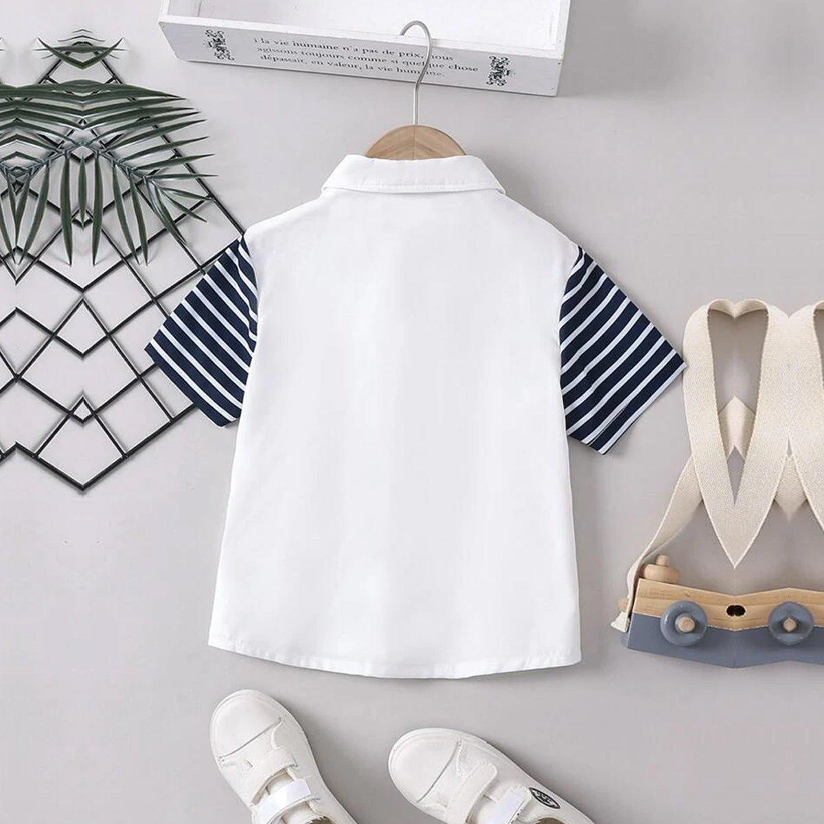 Venutaloza Toddler Boys White Striped Designer Print Button Front Shirt For Boys.