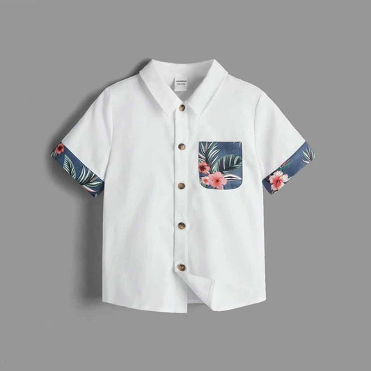 Venutaloza Toddler Boys White Tropical Floral With Patched Pocket Sunshne Designer Print Button Front Shirt For Boys.