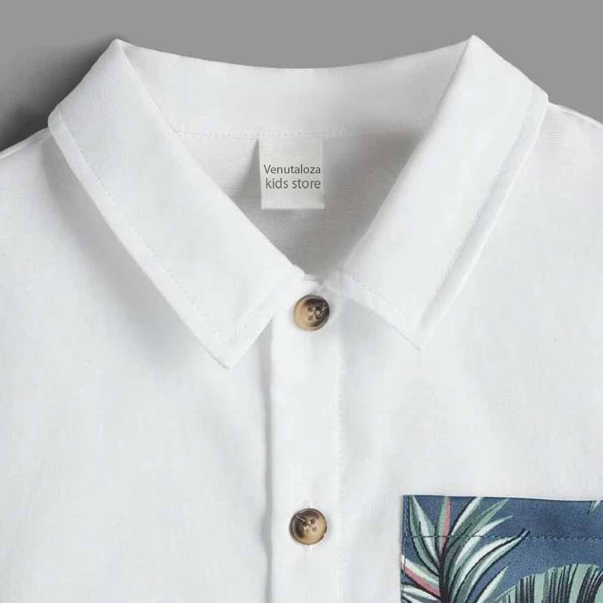 Venutaloza Toddler Boys White Tropical Floral With Patched Pocket Sunshne Designer Print Button Front Shirt For Boys.