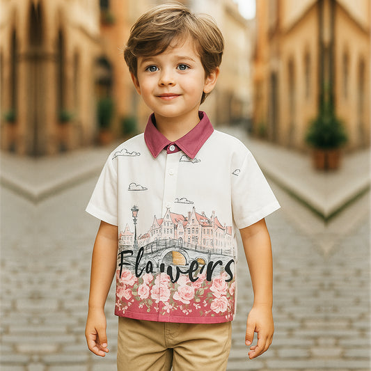 Venutaloza Kids City Flowers Border Print Short Sleeve Shirt For Boy.