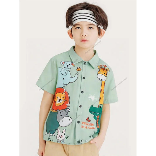 Venutaloza Kids Animal's Letters Turn Down Short Sleeve Shirt For Boys.