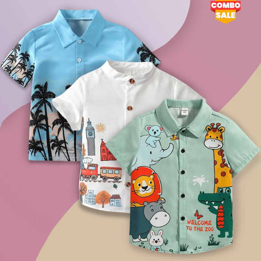 Venutaloza Boy's London City & Tropical and Animal Designer (Combo Pack Of 3) Shirt For Boy.