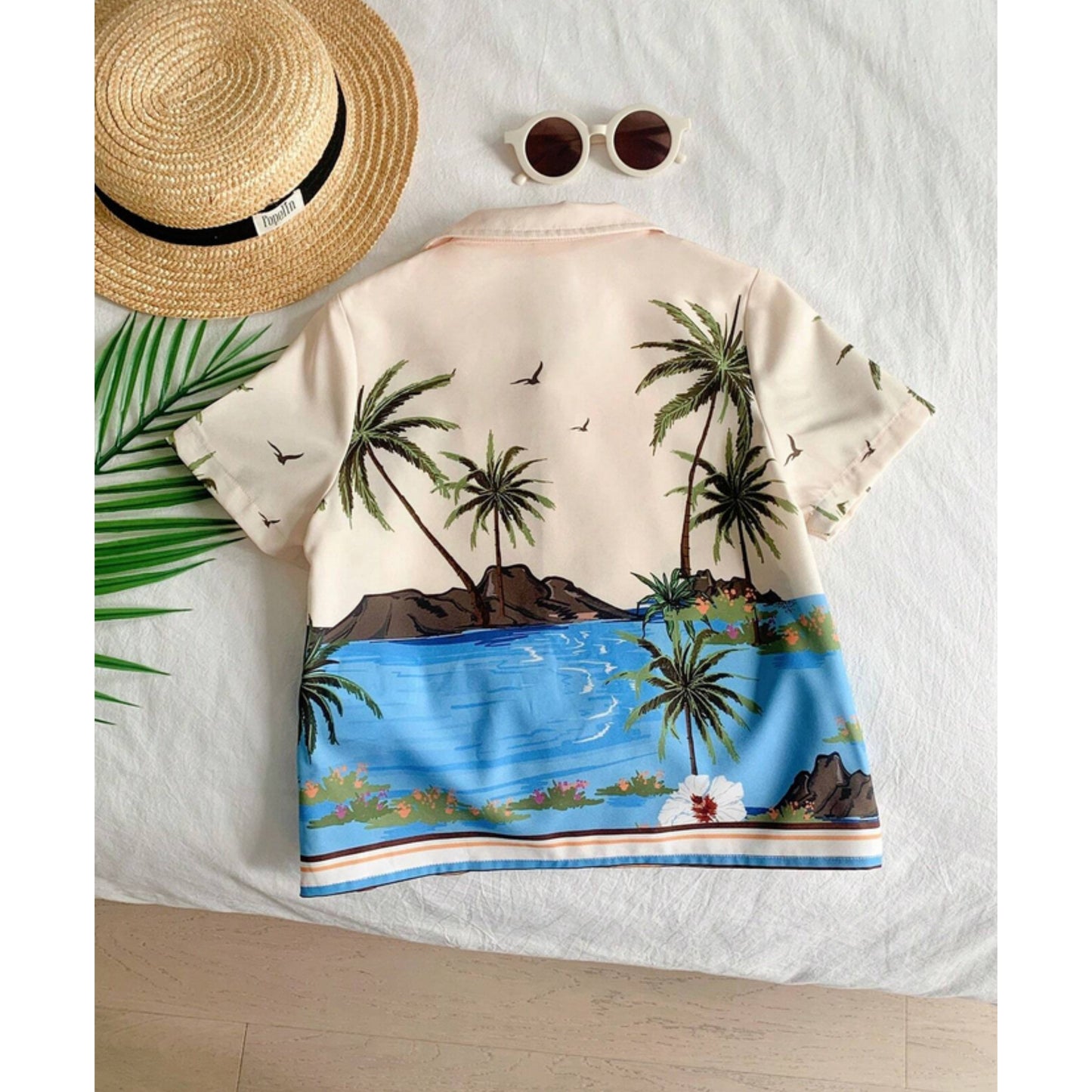 Baby Casual Short Sleeve Shirt With Oceanic Tropical Plant Coconut Trees For Boys.