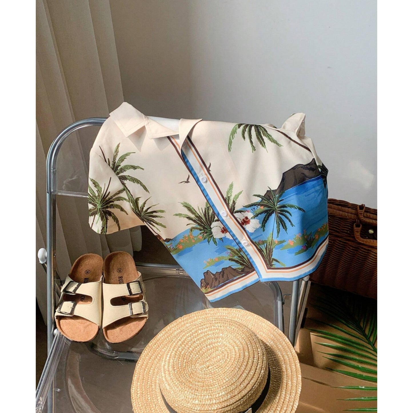 Baby Casual Short Sleeve Shirt With Oceanic Tropical Plant Coconut Trees For Boys.