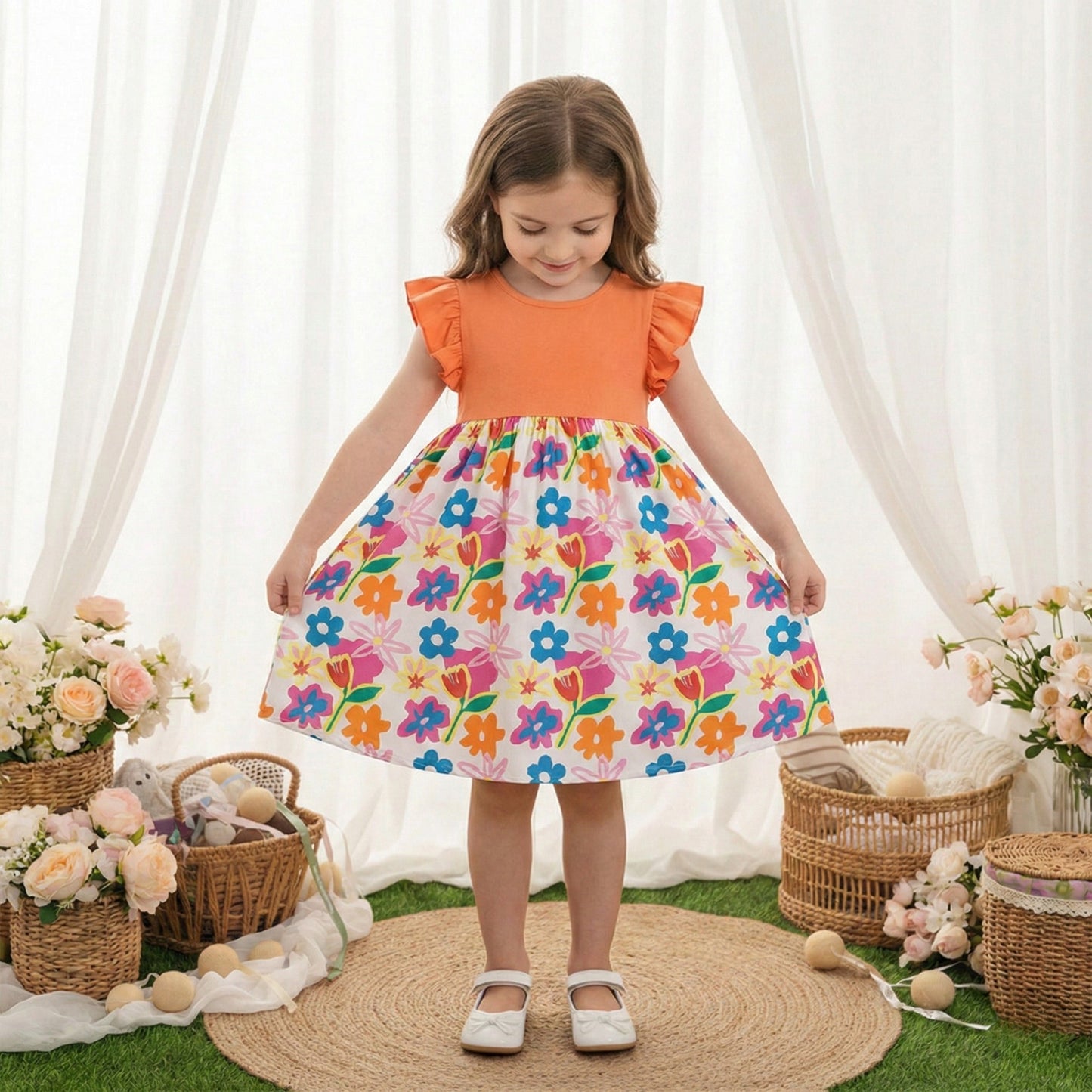Floral Print Butterfly Sleeve Designer Dresses & Frocks for Baby Girl.