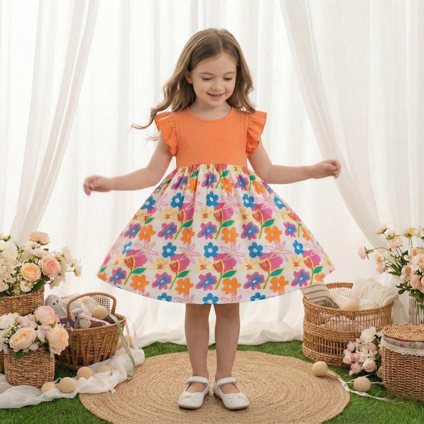 Floral Print Butterfly Sleeve Designer Dresses & Frocks for Baby Girl.