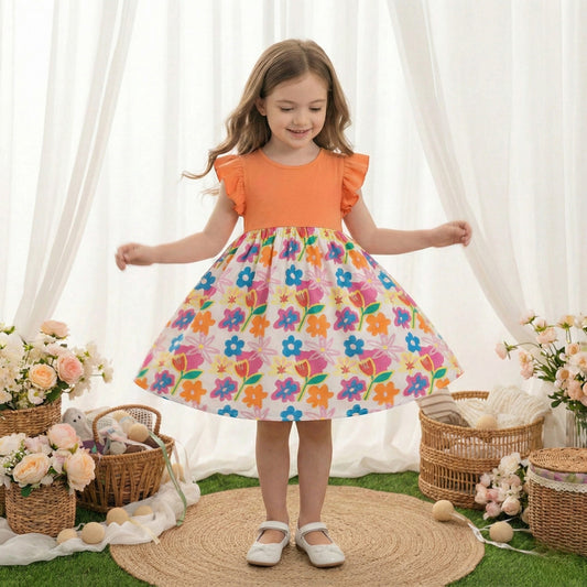 Floral Print Butterfly Sleeve Designer Dresses & Frocks for Baby Girl.