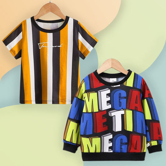 VENUTALOZA Boy's Stripe Color Block Round Neck & Letters Stripe (Combo Pack of 2) T-shirt For Boys & Girls..