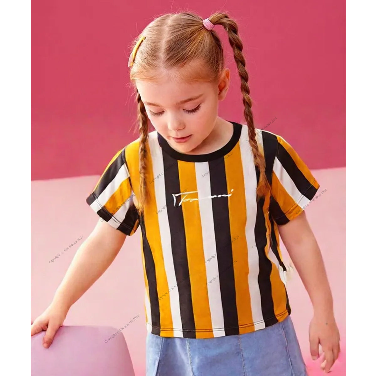 Venutaloza Stripe Color Block  Round Neck T-Shirt For Baby Girl's.