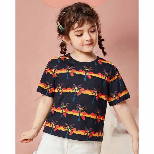 Venutaloza Cocount Tree Round Neck Stripe T-Shirt For Baby Girl's.