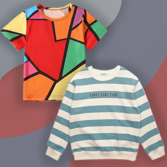 VENUTALOZA Boy's Plus Color Block & Round Neck Stripe (Combo Pack of 2) T-shirt For Boys & Girls..